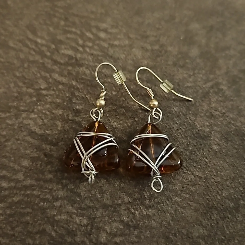 3/$30 HANDMADE Brown Glass Triangle Wire Wrapped Beaded Dangle Hook Earrings - Picture 2 of 5